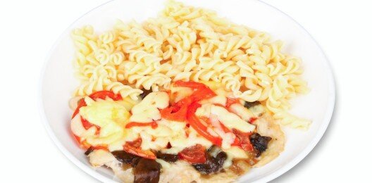 Отбивная с грибами и помидорами