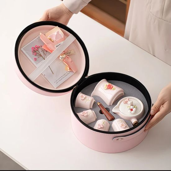 Чайный набор розовый в круглом чемоданчике